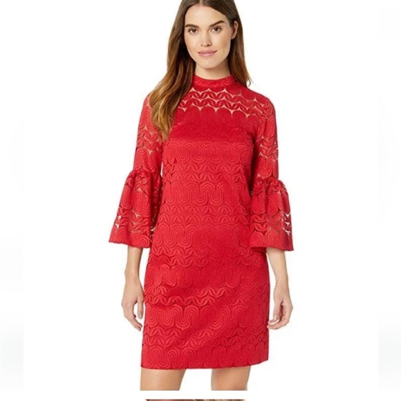 Trina Turk red ruby rose bell sleeve lace dress - Picture 3 of 12